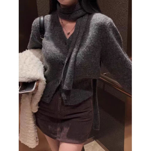 韓國chic秋冬復古氣質V領單排釦百搭顯瘦長袖軟糯針織外套配圍巾