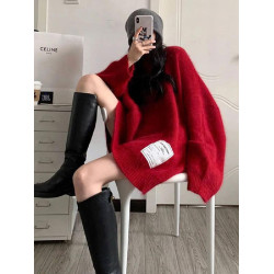 中長款寬松慵懶風聖誕紅色連帽毛衣女秋冬季2025新款打底針織上衣