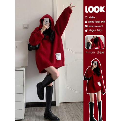 中長款寬松慵懶風聖誕紅色連帽毛衣女秋冬季2025新款打底針織上衣