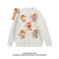 cuwu甜美可愛立體小熊寬松馬海毛毛衣女秋冬慵懶風軟糯針織衫上衣