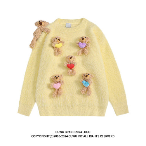 cuwu甜美可愛立體小熊寬松馬海毛毛衣女秋冬慵懶風軟糯針織衫上衣
