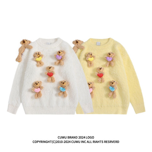cuwu甜美可愛立體小熊寬松馬海毛毛衣女秋冬慵懶風軟糯針織衫上衣