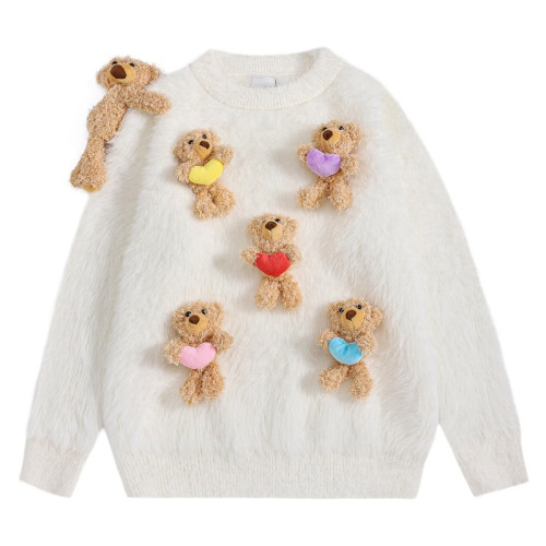 cuwu甜美可愛立體小熊寬松馬海毛毛衣女秋冬慵懶風軟糯針織衫上衣