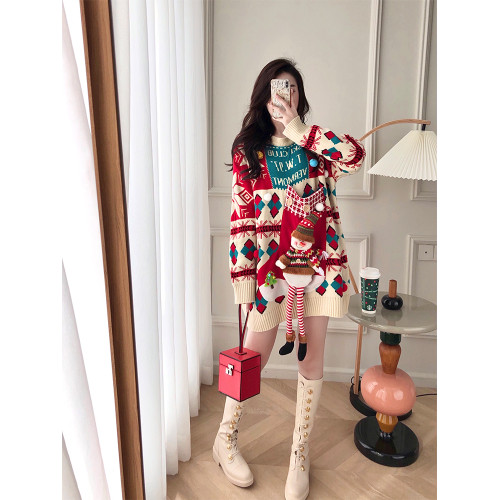 聖誕節新年紅色喜慶雪人毛衣女秋冬拜年服小個子中長款加厚連衣裙