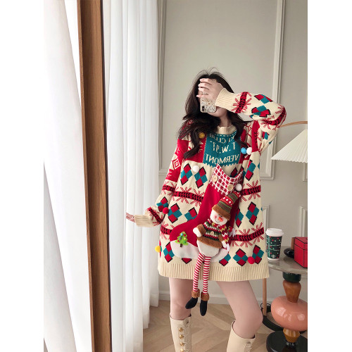 聖誕節新年紅色喜慶雪人毛衣女秋冬拜年服小個子中長款加厚連衣裙