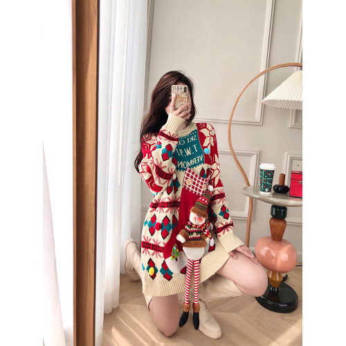 聖誕節新年紅色喜慶雪人毛衣女秋冬拜年服小個子中長款加厚連衣裙