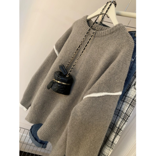 軟糯溫柔奶fufu毛衣女2024秋冬套頭寬松慵懶風拼色針織衫上衣外穿