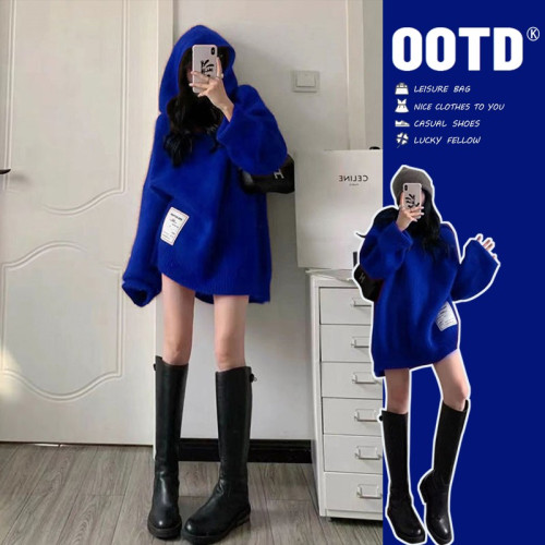 克萊因藍色毛衣女秋冬2025年新款秋裝設計感小衆慵懶風中長款上衣