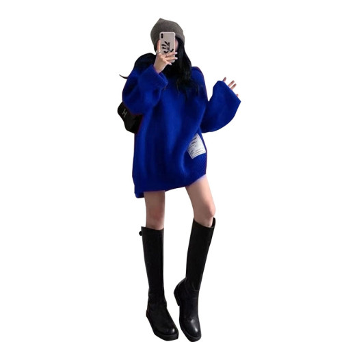 克萊因藍色毛衣女秋冬2025年新款秋裝設計感小衆慵懶風中長款上衣