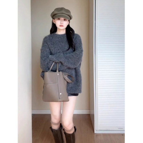 深秋初冬穿搭灰色寬松慵懶風中長款海馬毛毛衣女美拉德針織衫上衣
