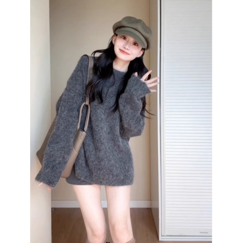 深秋初冬穿搭灰色寬松慵懶風中長款海馬毛毛衣女美拉德針織衫上衣