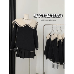 法式溫柔娃娃領學院風海軍大翻領慵懶風中長款套頭毛衣女秋冬上衣