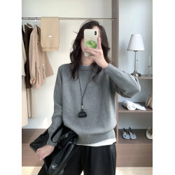 100%棉 純棉圓領毛衣女秋冬新款寬松灰色厚款套頭針織打底衫上衣