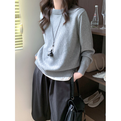 100%棉 純棉圓領毛衣女秋冬新款寬松灰色厚款套頭針織打底衫上衣