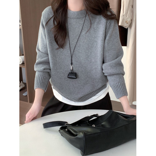 100%棉 純棉圓領毛衣女秋冬新款寬松灰色厚款套頭針織打底衫上衣