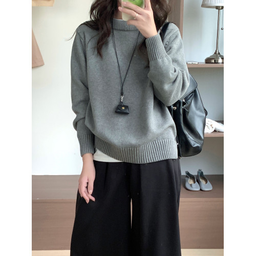 100%棉 純棉圓領毛衣女秋冬新款寬松灰色厚款套頭針織打底衫上衣