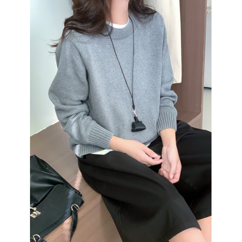 100%棉 純棉圓領毛衣女秋冬新款寬松灰色厚款套頭針織打底衫上衣