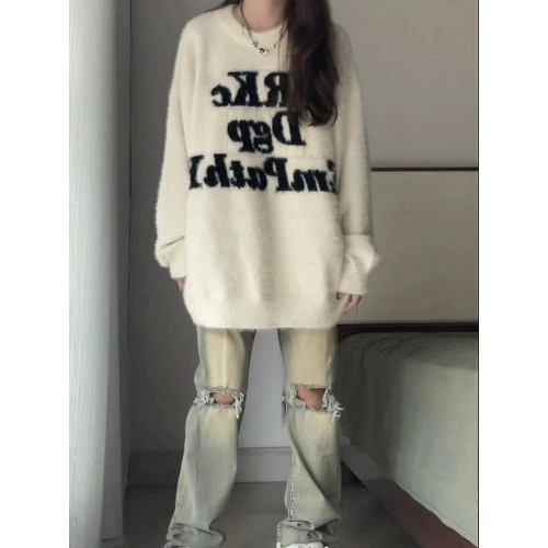 軟糯奶fufu白色馬海毛毛衣女秋冬加厚高級感水貂絨上衣慵懶針織衫