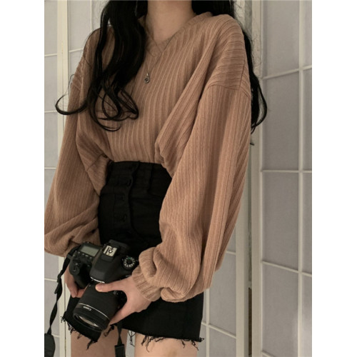 春秋2025新款韓版寬松顯瘦百搭V領短款長袖針織衫女薄款上衣毛衣