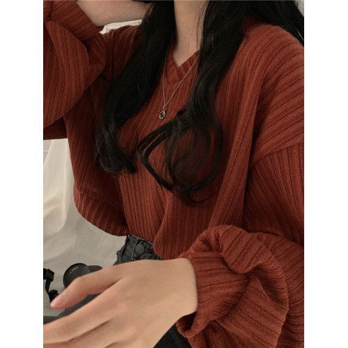 春秋2025新款韓版寬松顯瘦百搭V領短款長袖針織衫女薄款上衣毛衣