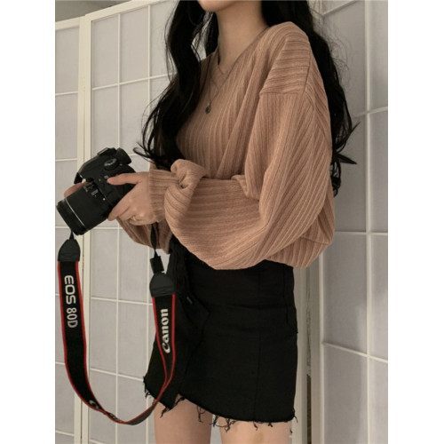 春秋2025新款韓版寬松顯瘦百搭V領短款長袖針織衫女薄款上衣毛衣