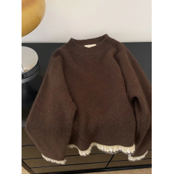 韓系高級感咖色圓領毛衣女秋冬加厚冬季外穿軟糯寬松慵懶風針織衫