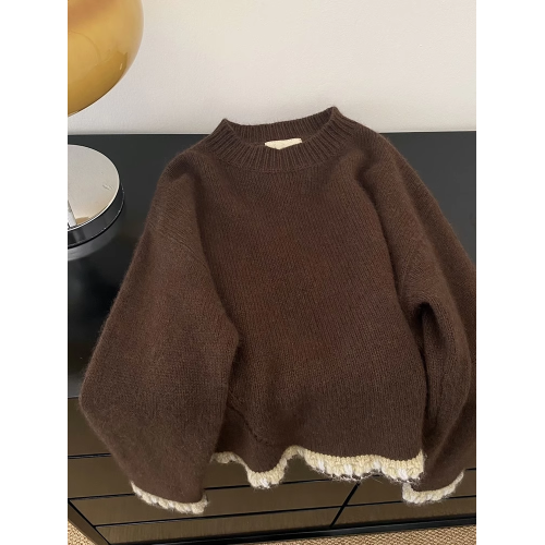 韓系高級感咖色圓領毛衣女秋冬加厚冬季外穿軟糯寬松慵懶風針織衫