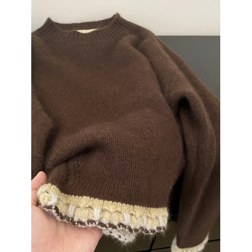 韓系高級感咖色圓領毛衣女秋冬加厚冬季外穿軟糯寬松慵懶風針織衫