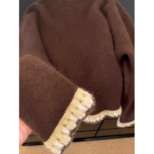 韓系高級感咖色圓領毛衣女秋冬加厚冬季外穿軟糯寬松慵懶風針織衫