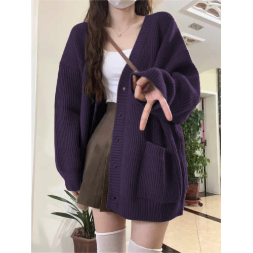 大碼胖MM紫色V領毛衣開衫外套女秋冬軟糯慵懶寬松高級感超好針織