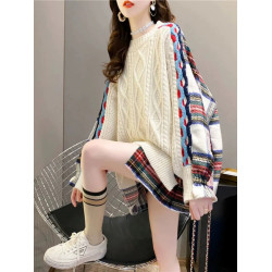 歐洲站2025秋冬新款韓版寬松套頭麻花針織上衣撞色假兩件毛衣女潮