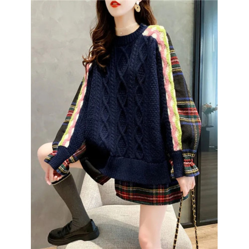 歐洲站2025秋冬新款韓版寬松套頭麻花針織上衣撞色假兩件毛衣女潮 歐洲站2025秋冬新款韓版寬松套頭麻花針織上衣撞色假兩件毛衣女潮