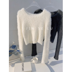 ins潮慵懶風短款水貂絨毛衣女設計感小衆紐釦喇叭袖修身針織衫冬