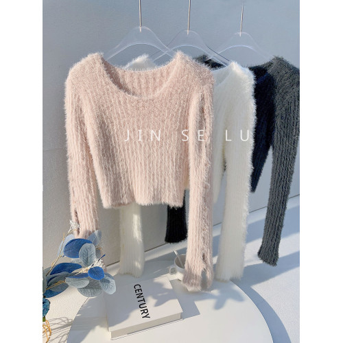 ins潮慵懶風短款水貂絨毛衣女設計感小衆紐釦喇叭袖修身針織衫冬