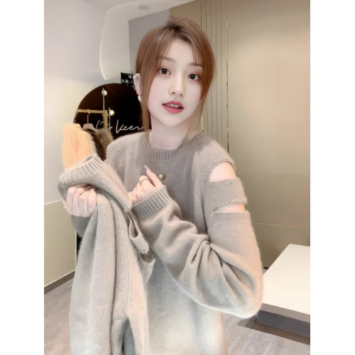 大碼慵懶風露肩釘珠毛衣女秋冬新款微胖mm寬松顯瘦內搭針織衫上衣