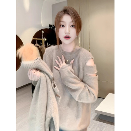 大碼慵懶風露肩釘珠毛衣女秋冬新款微胖mm寬松顯瘦內搭針織衫上衣