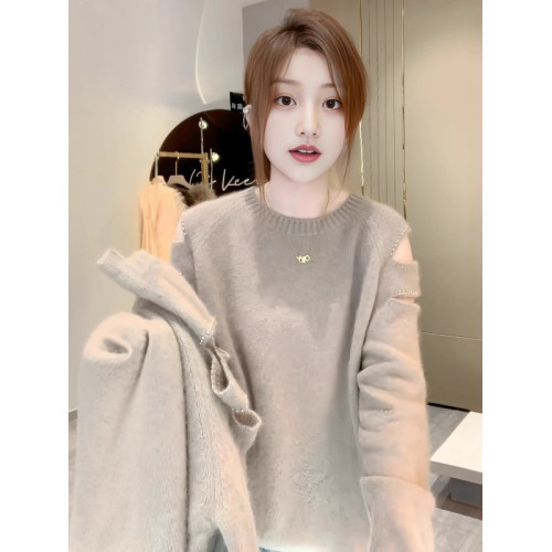 大碼慵懶風露肩釘珠毛衣女秋冬新款微胖mm寬松顯瘦內搭針織衫上衣