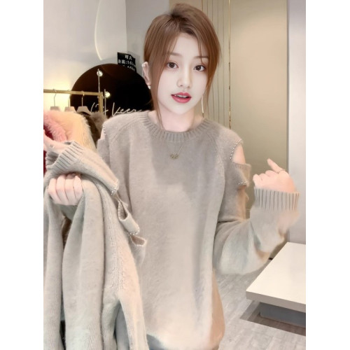 大碼慵懶風露肩釘珠毛衣女秋冬新款微胖mm寬松顯瘦內搭針織衫上衣