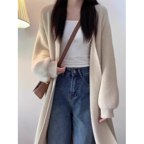 杏色毛衣外套女裝秋冬2025新款慵懶風中長款針織開衫奶系穿搭上衣