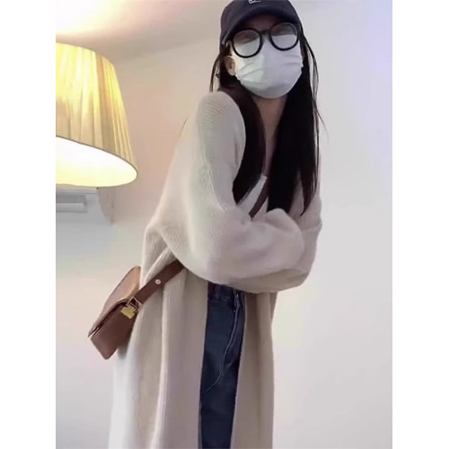 杏色毛衣外套女裝秋冬2025新款慵懶風中長款針織開衫奶系穿搭上衣