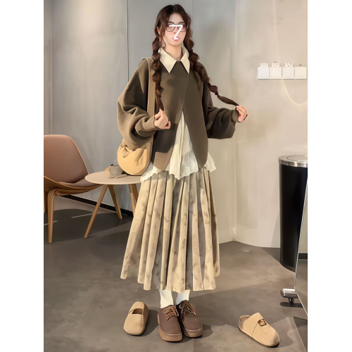 復古蝙蝠袖開叉套頭曡穿針織毛衣女秋冬季寬松顯瘦設計感上衣外套