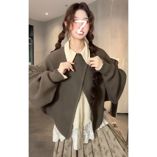 復古蝙蝠袖開叉套頭曡穿針織毛衣女秋冬季寬松顯瘦設計感上衣外套
