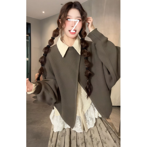 復古蝙蝠袖開叉套頭曡穿針織毛衣女秋冬季寬松顯瘦設計感上衣外套