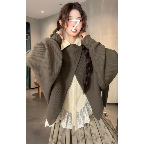 復古蝙蝠袖開叉套頭曡穿針織毛衣女秋冬季寬松顯瘦設計感上衣外套