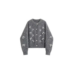 法式小香風重工軟糯蝴蝶結灰色毛衣外套女秋冬慵懶風加厚針織開衫