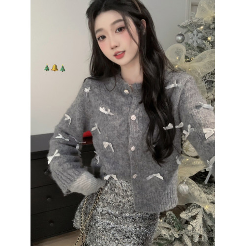 法式小香風重工軟糯蝴蝶結灰色毛衣外套女秋冬慵懶風加厚針織開衫
