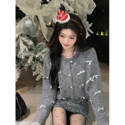 法式小香風重工軟糯蝴蝶結灰色毛衣外套女秋冬慵懶風加厚針織開衫