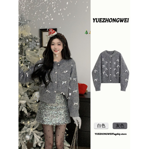 法式小香風重工軟糯蝴蝶結灰色毛衣外套女秋冬慵懶風加厚針織開衫