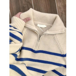 藍色條紋浣熊絨半拉鍊polo翻領毛衣秋冬女針織內搭打底衫上衣冬季