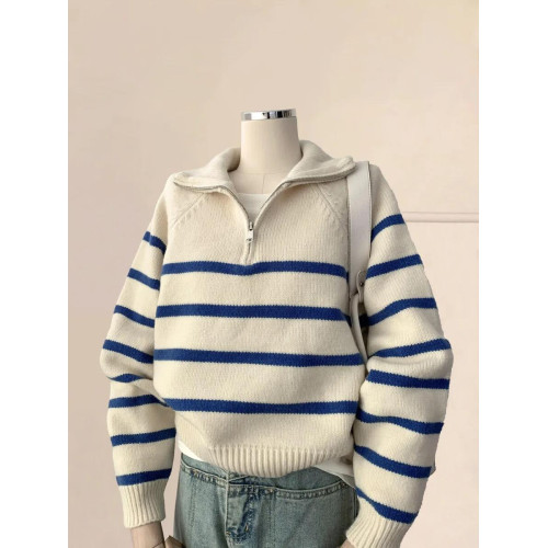 藍色條紋浣熊絨半拉鍊polo翻領毛衣秋冬女針織內搭打底衫上衣冬季